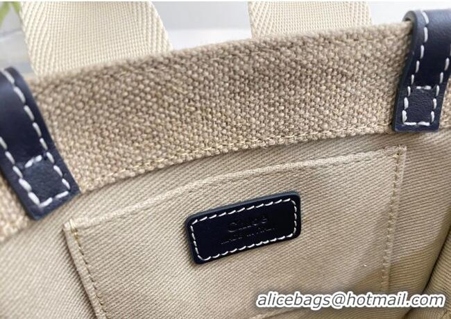 Best Quality Chloe Mini Woody Tote Bag in Linen Canvas and Calfskin Leather 1120 Dark Blue 2025