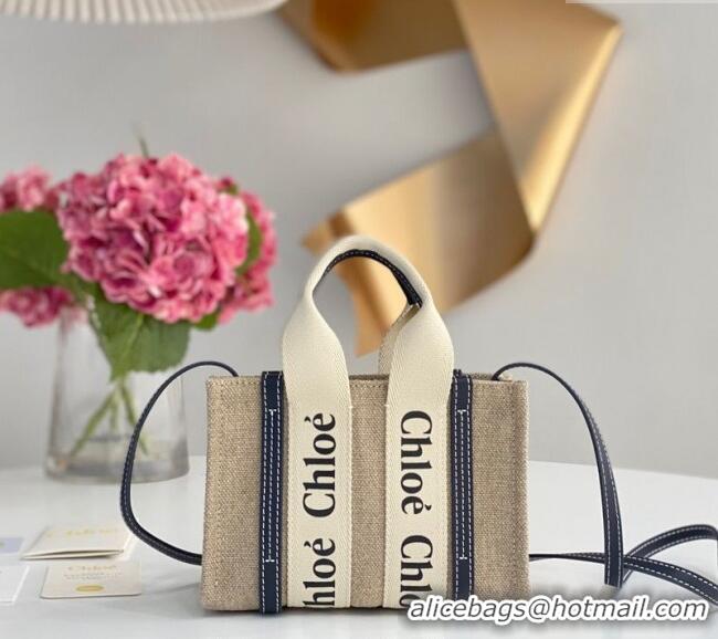 Best Quality Chloe Mini Woody Tote Bag in Linen Canvas and Calfskin Leather 1120 Dark Blue 2025