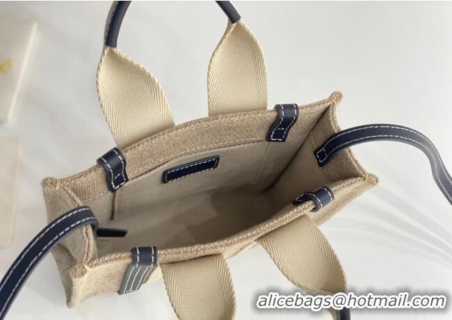 Best Quality Chloe Mini Woody Tote Bag in Linen Canvas and Calfskin Leather 1120 Dark Blue 2025