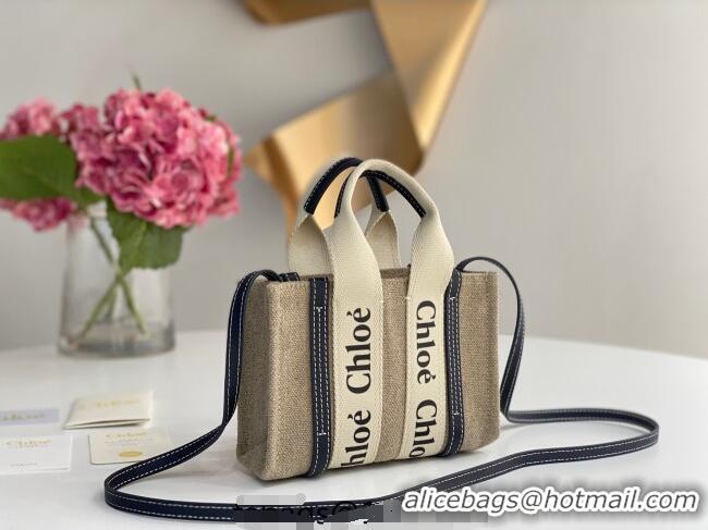 Best Quality Chloe Mini Woody Tote Bag in Linen Canvas and Calfskin Leather 1120 Dark Blue 2025