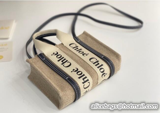 Best Quality Chloe Mini Woody Tote Bag in Linen Canvas and Calfskin Leather 1120 Dark Blue 2025