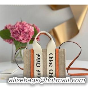 Cheap Price Chloe Mini Woody Tote Bag in Linen Canvas and Calfskin Leather 1120 Orange 2025