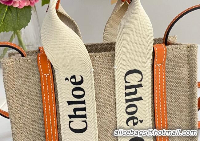 Cheap Price Chloe Mini Woody Tote Bag in Linen Canvas and Calfskin Leather 1120 Orange 2025
