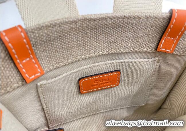 Cheap Price Chloe Mini Woody Tote Bag in Linen Canvas and Calfskin Leather 1120 Orange 2025