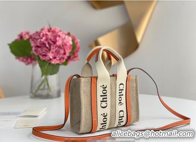 Cheap Price Chloe Mini Woody Tote Bag in Linen Canvas and Calfskin Leather 1120 Orange 2025