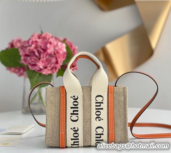 Cheap Price Chloe Mini Woody Tote Bag in Linen Canvas and Calfskin Leather 1120 Orange 2025