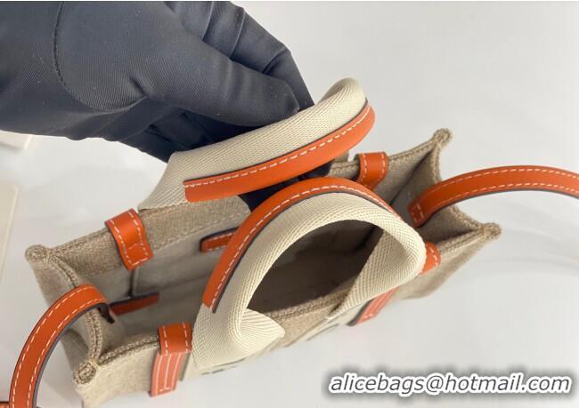 Cheap Price Chloe Mini Woody Tote Bag in Linen Canvas and Calfskin Leather 1120 Orange 2025