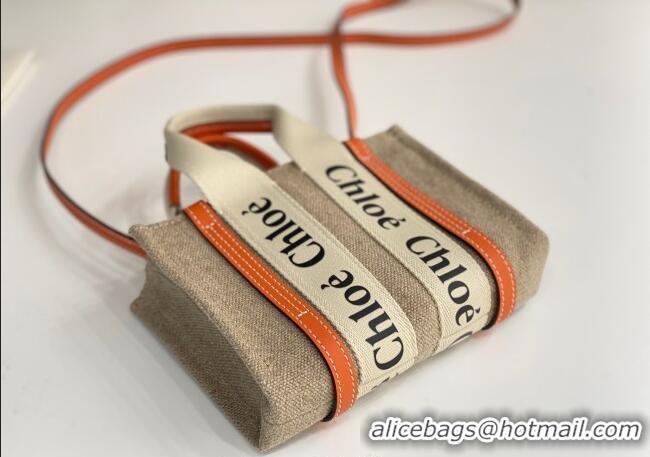 Cheap Price Chloe Mini Woody Tote Bag in Linen Canvas and Calfskin Leather 1120 Orange 2025