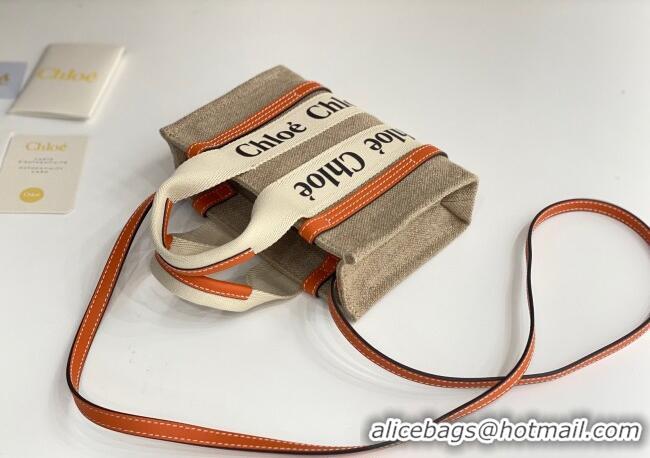 Cheap Price Chloe Mini Woody Tote Bag in Linen Canvas and Calfskin Leather 1120 Orange 2025