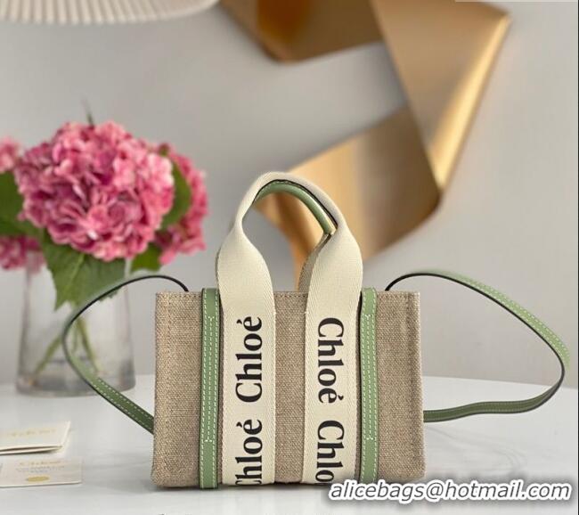 Best Product Chloe Mini Woody Tote Bag in Linen Canvas and Calfskin Leather 1120 Light Green 2025