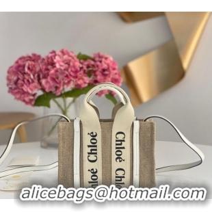 Luxury Discount Chloe Mini Woody Tote Bag in Linen Canvas and Calfskin Leather 1120 White 2025