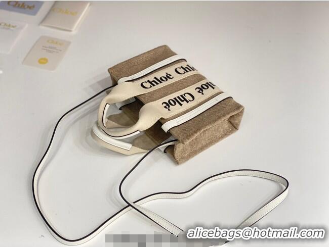 Luxury Discount Chloe Mini Woody Tote Bag in Linen Canvas and Calfskin Leather 1120 White 2025