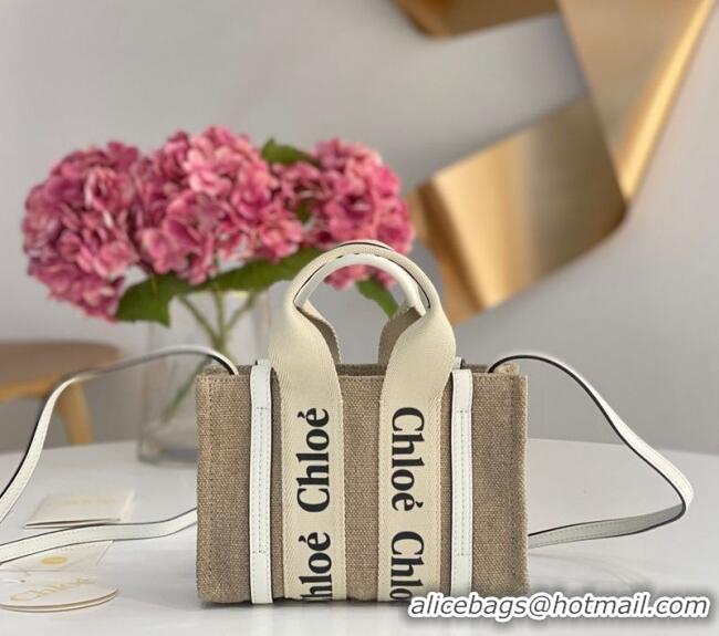 Luxury Discount Chloe Mini Woody Tote Bag in Linen Canvas and Calfskin Leather 1120 White 2025