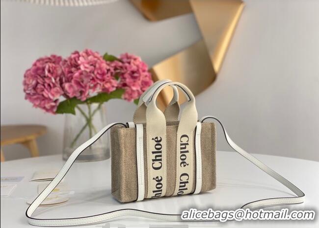 Luxury Discount Chloe Mini Woody Tote Bag in Linen Canvas and Calfskin Leather 1120 White 2025