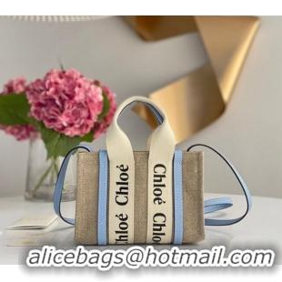 Buy Discount Chloe Mini Woody Tote Bag in Linen Canvas and Calfskin Leather 1120 Light Blue 2025