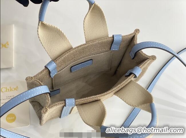 Buy Discount Chloe Mini Woody Tote Bag in Linen Canvas and Calfskin Leather 1120 Light Blue 2025