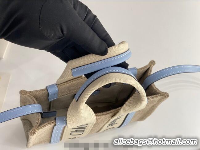 Buy Discount Chloe Mini Woody Tote Bag in Linen Canvas and Calfskin Leather 1120 Light Blue 2025