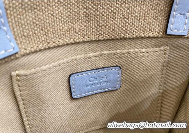 Buy Discount Chloe Mini Woody Tote Bag in Linen Canvas and Calfskin Leather 1120 Light Blue 2025