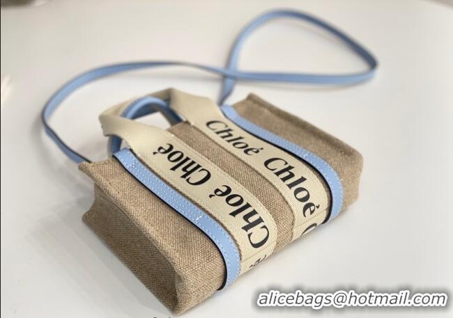 Buy Discount Chloe Mini Woody Tote Bag in Linen Canvas and Calfskin Leather 1120 Light Blue 2025