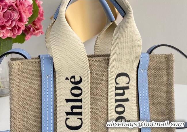 Buy Discount Chloe Mini Woody Tote Bag in Linen Canvas and Calfskin Leather 1120 Light Blue 2025