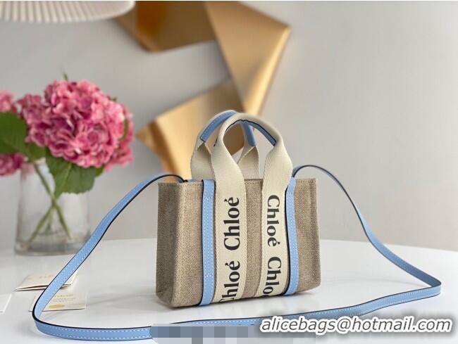 Buy Discount Chloe Mini Woody Tote Bag in Linen Canvas and Calfskin Leather 1120 Light Blue 2025
