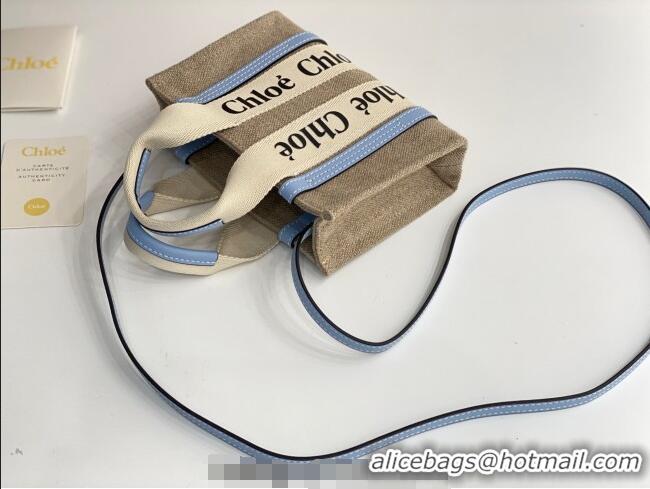 Buy Discount Chloe Mini Woody Tote Bag in Linen Canvas and Calfskin Leather 1120 Light Blue 2025