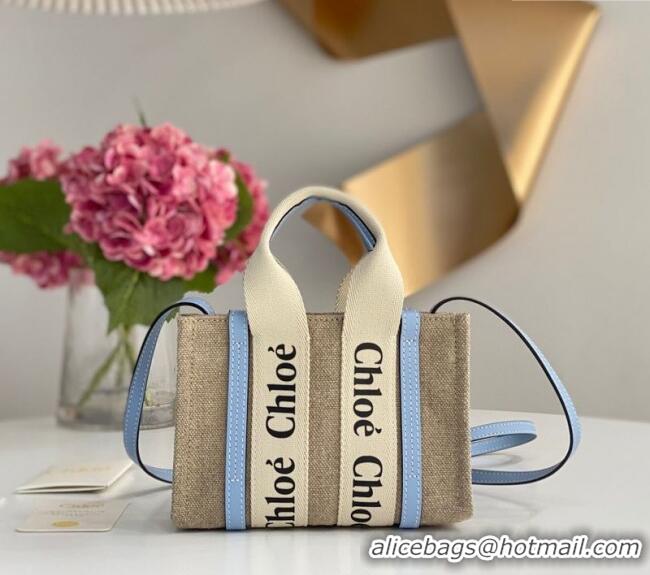 Buy Discount Chloe Mini Woody Tote Bag in Linen Canvas and Calfskin Leather 1120 Light Blue 2025