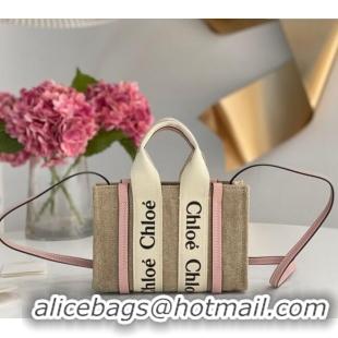 Big Discount Chloe Mini Woody Tote Bag in Linen Canvas and Calfskin Leather 1120 Light Pink 2025