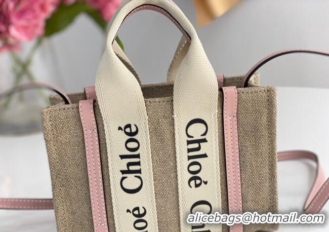Big Discount Chloe Mini Woody Tote Bag in Linen Canvas and Calfskin Leather 1120 Light Pink 2025