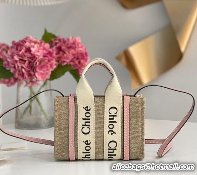 Big Discount Chloe Mini Woody Tote Bag in Linen Canvas and Calfskin Leather 1120 Light Pink 2025