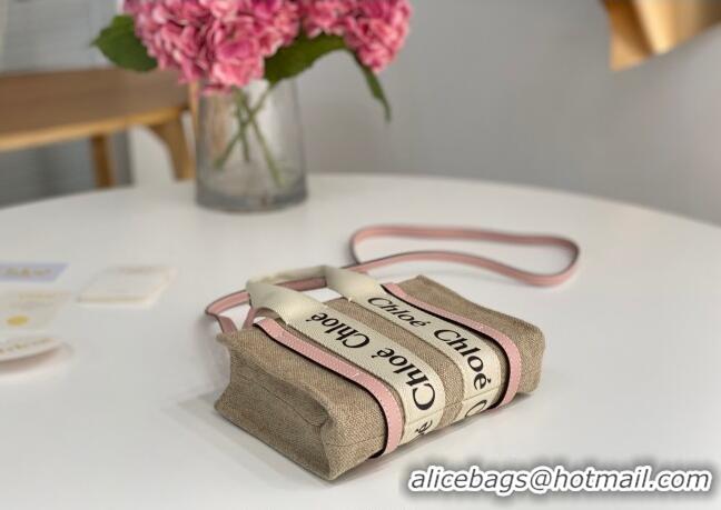 Big Discount Chloe Mini Woody Tote Bag in Linen Canvas and Calfskin Leather 1120 Light Pink 2025