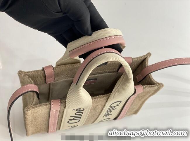 Big Discount Chloe Mini Woody Tote Bag in Linen Canvas and Calfskin Leather 1120 Light Pink 2025