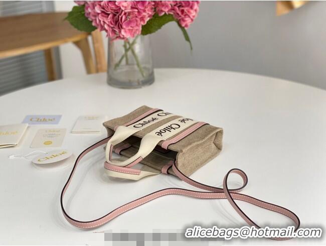 Big Discount Chloe Mini Woody Tote Bag in Linen Canvas and Calfskin Leather 1120 Light Pink 2025