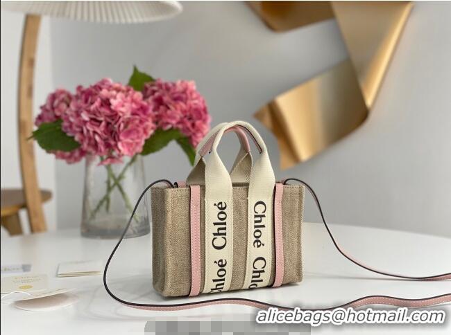 Big Discount Chloe Mini Woody Tote Bag in Linen Canvas and Calfskin Leather 1120 Light Pink 2025