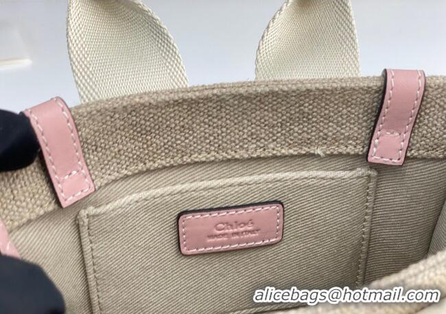 Big Discount Chloe Mini Woody Tote Bag in Linen Canvas and Calfskin Leather 1120 Light Pink 2025