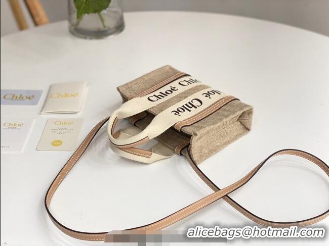 Best Price Chloe Mini Woody Tote Bag in Linen Canvas and Calfskin Leather 1120 Beige 2025