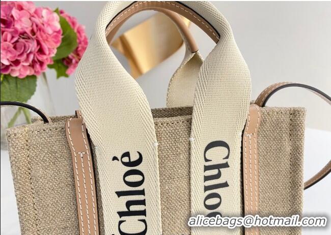 Best Price Chloe Mini Woody Tote Bag in Linen Canvas and Calfskin Leather 1120 Beige 2025