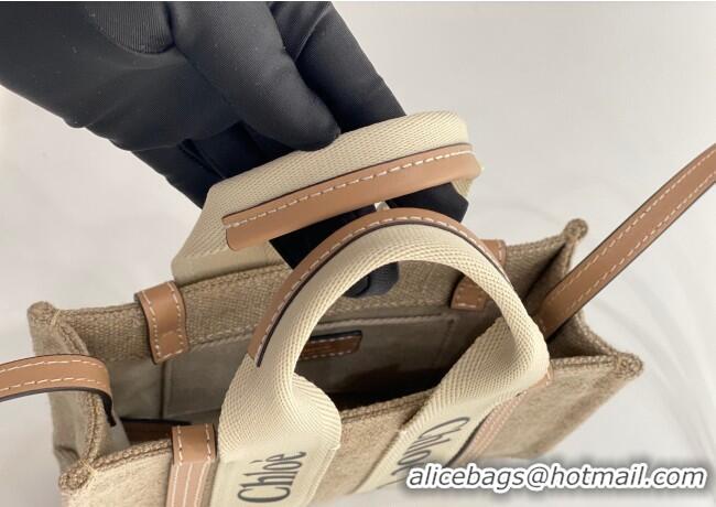 Best Price Chloe Mini Woody Tote Bag in Linen Canvas and Calfskin Leather 1120 Beige 2025