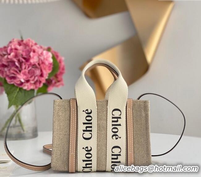 Best Price Chloe Mini Woody Tote Bag in Linen Canvas and Calfskin Leather 1120 Beige 2025