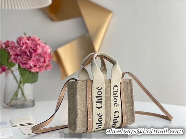 Best Price Chloe Mini Woody Tote Bag in Linen Canvas and Calfskin Leather 1120 Beige 2025
