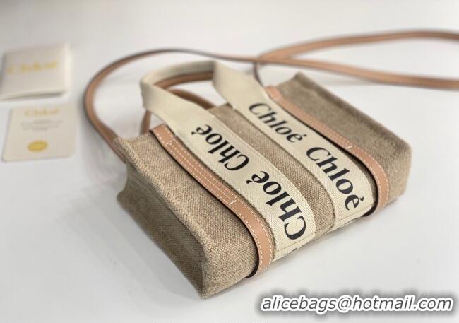 Best Price Chloe Mini Woody Tote Bag in Linen Canvas and Calfskin Leather 1120 Beige 2025