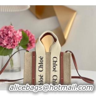 Top Grade Chloe Mini Woody Tote Bag in Linen Canvas and Calfskin Leather 1120 Brown 2025