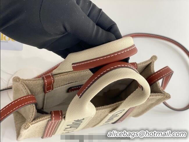 Top Grade Chloe Mini Woody Tote Bag in Linen Canvas and Calfskin Leather 1120 Brown 2025