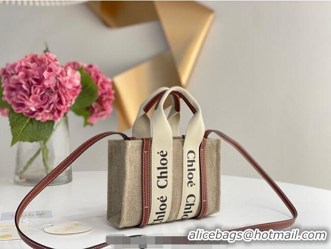 Top Grade Chloe Mini Woody Tote Bag in Linen Canvas and Calfskin Leather 1120 Brown 2025