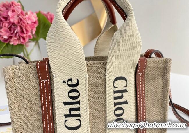 Top Grade Chloe Mini Woody Tote Bag in Linen Canvas and Calfskin Leather 1120 Brown 2025