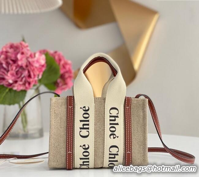 Top Grade Chloe Mini Woody Tote Bag in Linen Canvas and Calfskin Leather 1120 Brown 2025