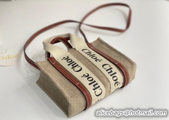 Top Grade Chloe Mini Woody Tote Bag in Linen Canvas and Calfskin Leather 1120 Brown 2025