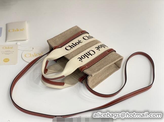Top Grade Chloe Mini Woody Tote Bag in Linen Canvas and Calfskin Leather 1120 Brown 2025