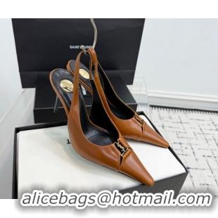 Luxury Cheap Saint Laurent Babylone Breteuil Slingbacks Pump 9cm in Oil Leather Brown 1213007
