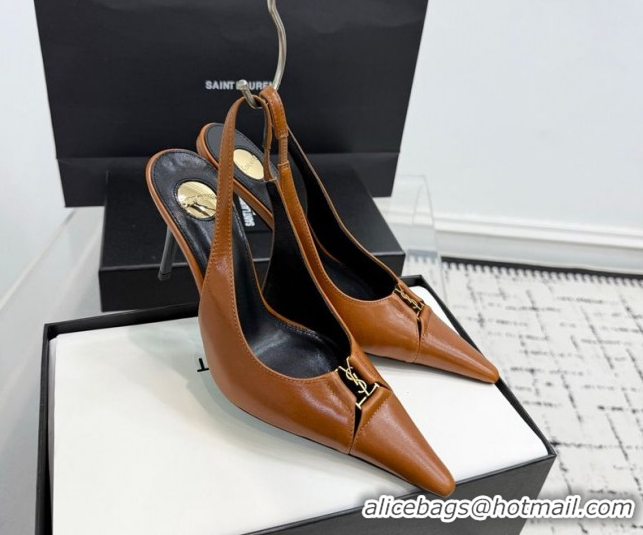 Luxury Cheap Saint Laurent Babylone Breteuil Slingbacks Pump 9cm in Oil Leather Brown 1213007